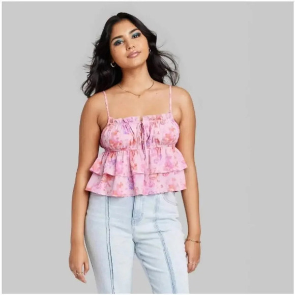 NWT Wild Fable Women's Tiered Ruffle Pink Butterfly Tank Top Size XL - Picture 2 of 11